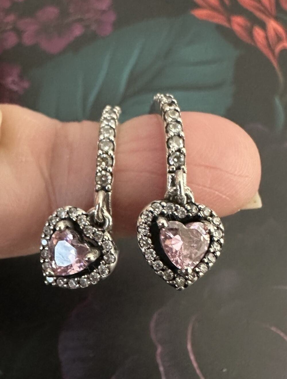 Genuine Signed PANDORA Pink Halo Heart Drop Cubic Zirconia Hoop Earrings